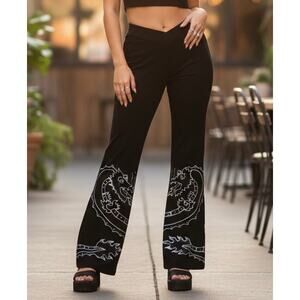 Carrie Daway Dragon Flare Pants S Black Y2K V-Waist Rhinestone Handmade Yoga